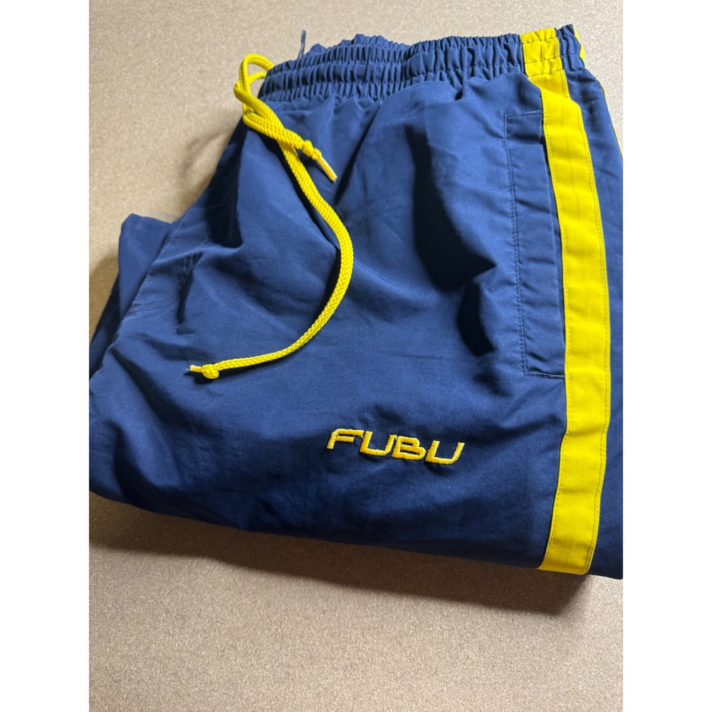 FUBU Vintage Navy Blue Yellow Striped Track Pants Mens Large Mesh Lined Joggers